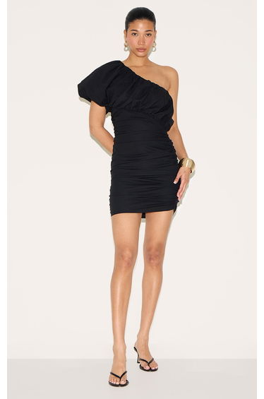 Black Linen-Blend One Shoulder Bodycon Dress