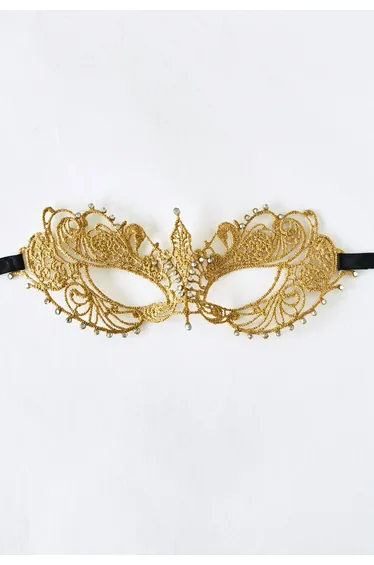 Zircon Trim Lace Ball Mask in Gold