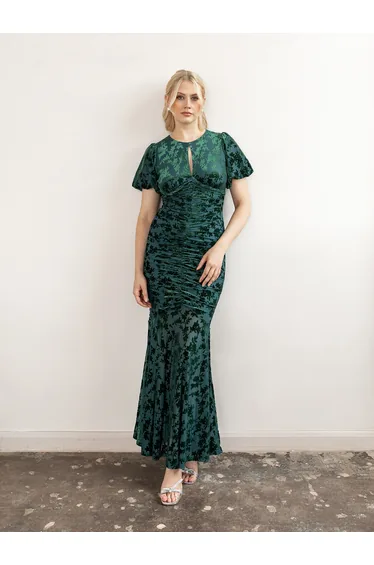 Maya Teal Flocked Velvet Ruched Maxi Dress