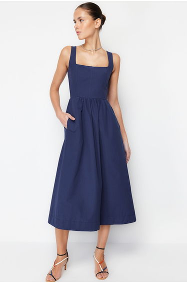 Indigo Waist Midaxi Corset Woven Dress with Sewing Detail