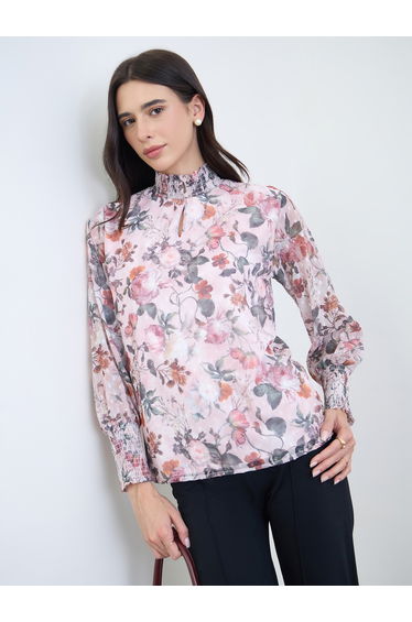 Dobby Floral Print Smocked Collar Blouse