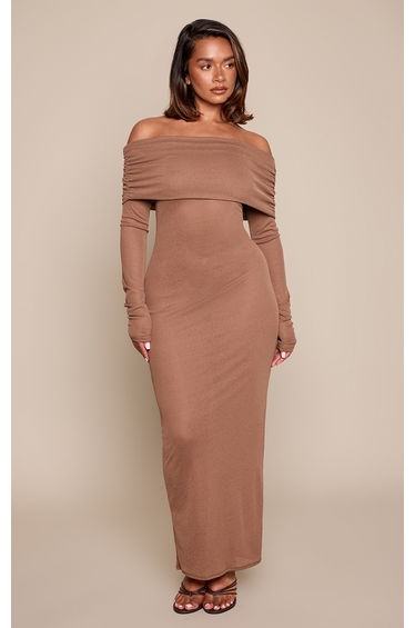 Shape Chocolate Sheer Mesh Bardot Maxi Dress