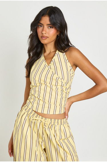 Stripe Halter Neck Wrap Top - lemon