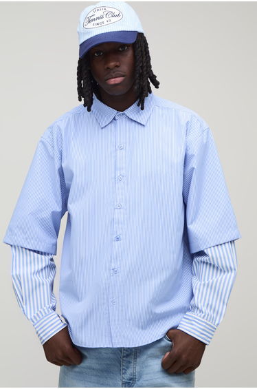 Oversized Stripe Faux Layer Long Sleeve Shirt - blue