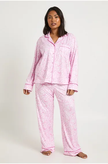 Plus Bow Print Long Sleeve Shirt & Trouser Pyjama Set - pink