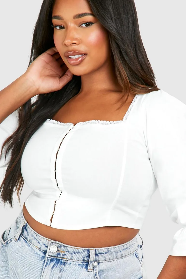 Plus Lace Insert Hook And Eye Corset Top - white - 3