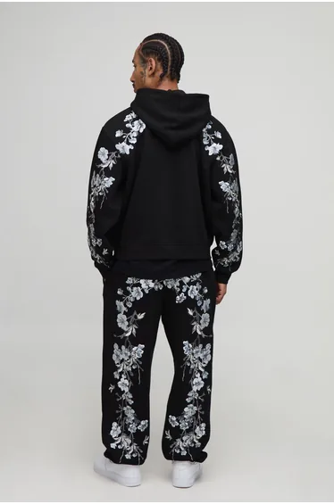 Oversized Boxy Over Seams Floral Embroidery Zip Through Hoodie - black