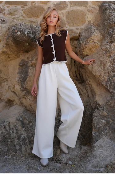 Brown Crochet Vest with Crew Neck and Buttons on the Front