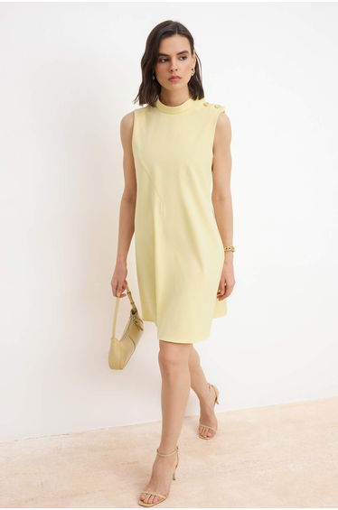 Light Yellow Straight Button Detail Mini Woven Dress