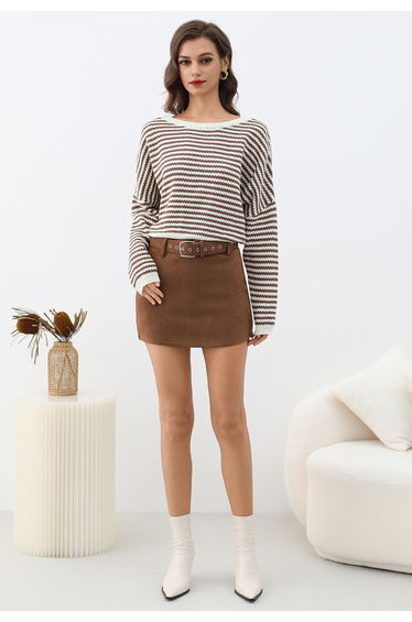 Minimalist Faux Suede Belt Mini Bud Skirt in Caramel