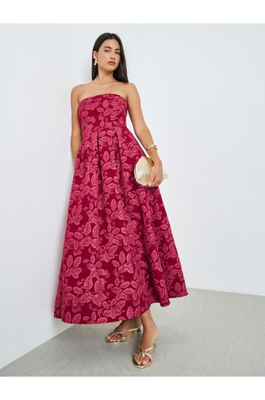 Red Jacquard Sleeveless A-Line Maxi Dress