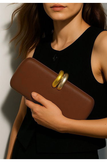 Dual Tone Metal Clasp Faux Leather Clutch in Brown for Cocktail Parties & Formal Evenings