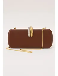 Dual Tone Metal Clasp Faux Leather Clutch in Brown for Cocktail Parties & Formal Evenings - 1