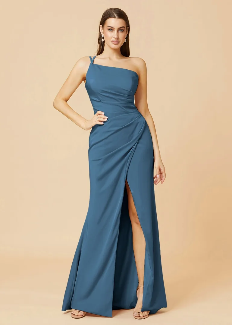 One Shoulder Satin Sheath Bridesmaid Dress Leely : Dresses : VogaCloset Oman