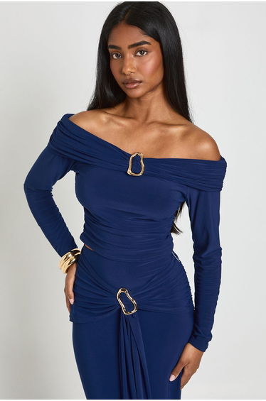 Slinky Bardot Trim Detail Long Sleeve Top - navy