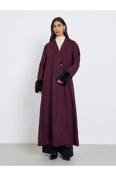 Collared Abaya with Faux Fur Trim Cuff