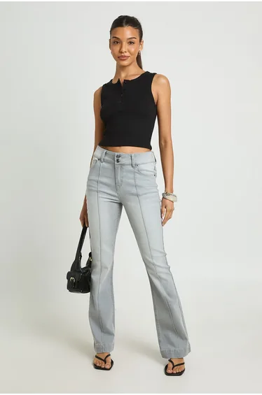 Mid Waist Seam Detail Flare Jean - greywash
