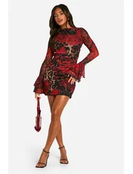 Slash Neck Mixed Leopard Print Flare Sleeve Mini Dress - leopard