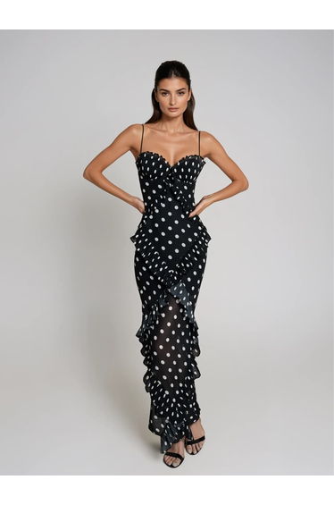 Tynqor Spaghetti Ruffle Dot Maxi Dress In Black