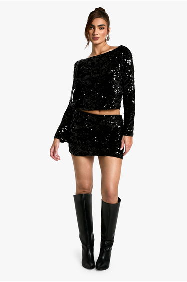 Velvet Sequin Scoop Back Long Sleeve Top - black