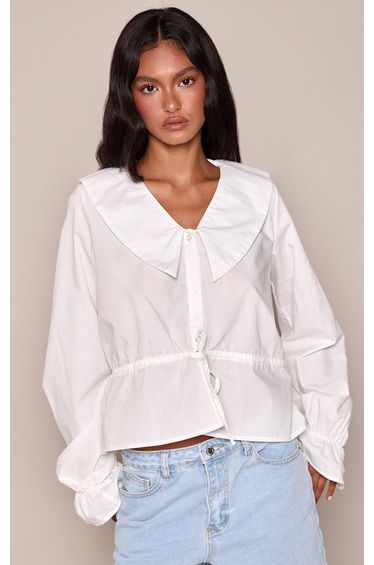 White Cotton Poplin Collar Detail Cinched Shirt