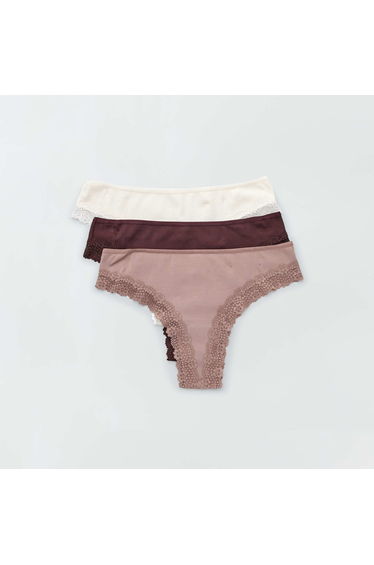 Pack of 3 ribbed knit tanga briefs prune browns