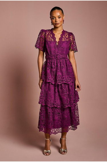 Petite Short Sleeve V Neck Tiered Lace Midi Dress