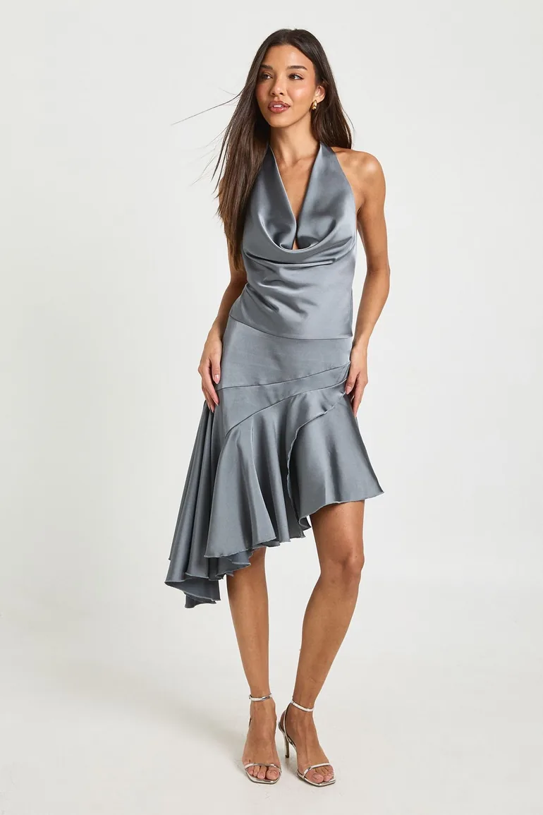 Satin Cowl Neck Asymmetric Hem Mini Dress - gun metal