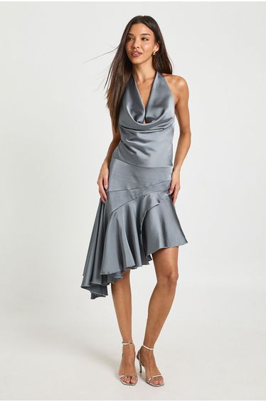 Satin Cowl Neck Asymmetric Hem Mini Dress - gun metal