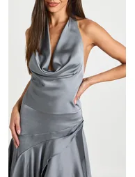 Satin Cowl Neck Asymmetric Hem Mini Dress - gun metal - 3