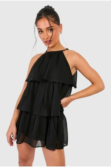 فستان قصير شيفون بطبقات متدرجة لون أسود - للمقاسات الصغيرة