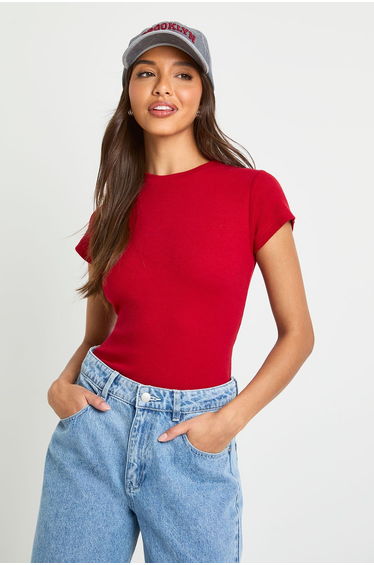 Rib Short Sleeve Fitted Top - red