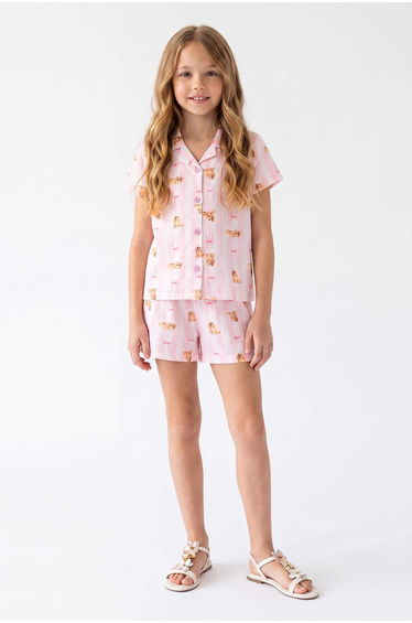 Pink Girls' Teddy Bear Patterned Pajama Set