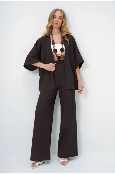 Women's Bitter Coffee Double Sleeve Crepe Fabric Summer Kimono and Trousers Set