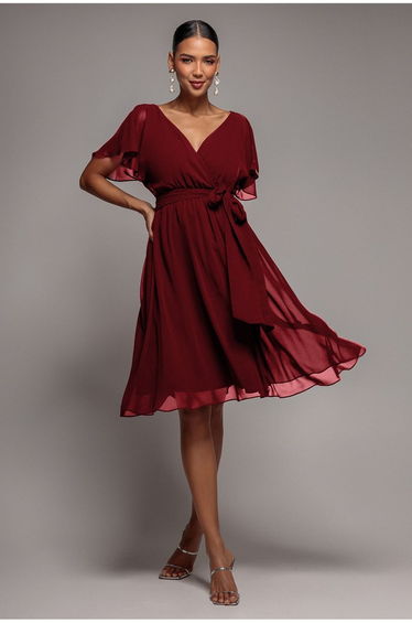 Chiffon Flutter Sleeve Wrap Midi Dress - Berry by Goddiva