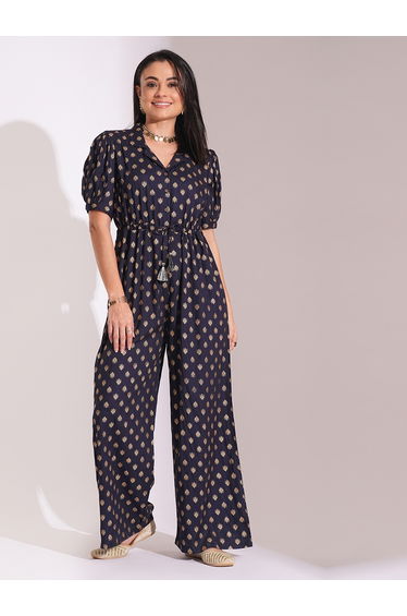 Gold Foil Ethnic Print Waist Tie-Up Fusion Jumpsuit