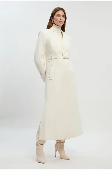 Wool Investment Notch Neck Belted Detail Tailored Maxi Coat