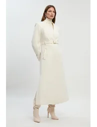 Wool Investment Notch Neck Belted Detail Tailored Maxi Coat