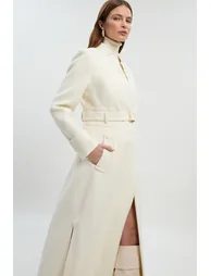 Wool Investment Notch Neck Belted Detail Tailored Maxi Coat - 1