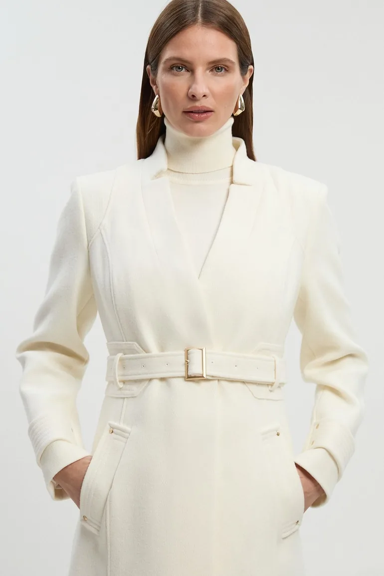 Wool Investment Notch Neck Belted Detail Tailored Maxi Coat - 2