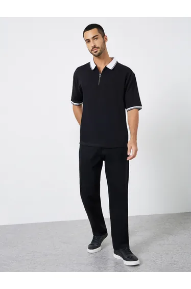 Men Black Contrast Collar Zip Polo Shirt