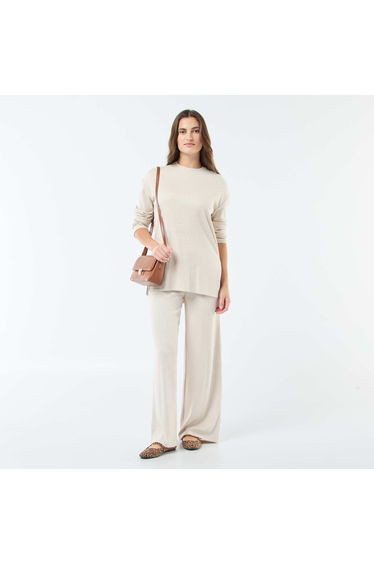 Ribbed Knit Extended Length Sweater BEIGE