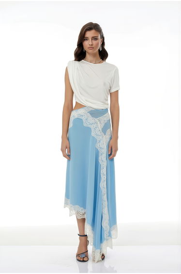 Fiamma Blue Gathered Lace Panel Maxi Dress