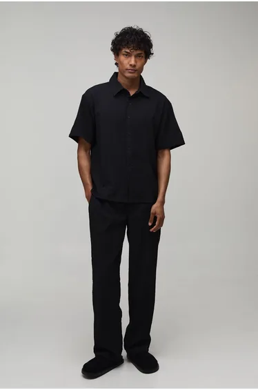 Stripe Seersucker Oversized Shirt & Relaxed Trouser Set - black