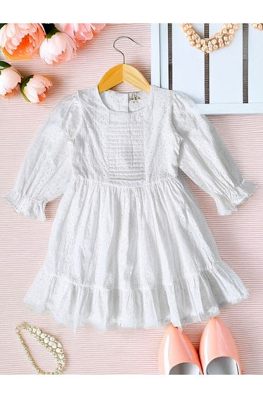 Solid Schiffli Pintuck Detail Dress with 3/4 Sleeves