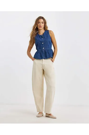 Gingham Denim Sleeveless Peplum Top