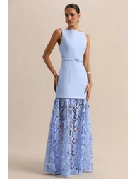 Verena | Powder Blue Boat-Neck Belted Maxi Dress With Lace Skirt - 4