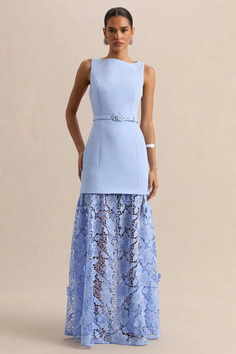 Verena | Powder Blue Boat-Neck Belted Maxi Dress With Lace Skirt