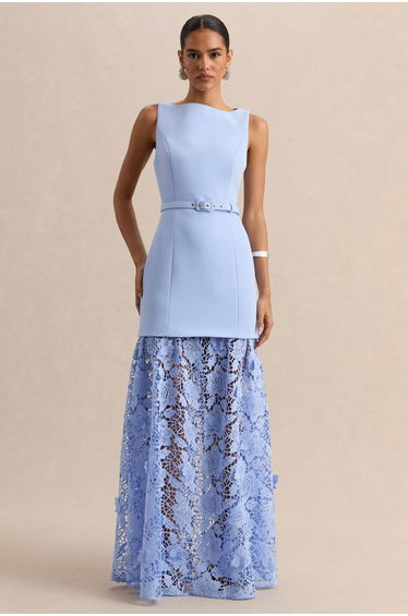 Verena | Powder Blue Boat-Neck Belted Maxi Dress With Lace Skirt