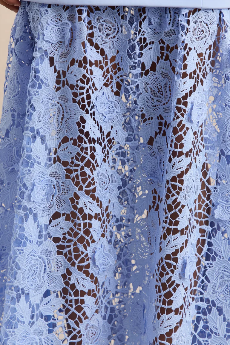 Verena | Powder Blue Boat-Neck Belted Maxi Dress With Lace Skirt - 5